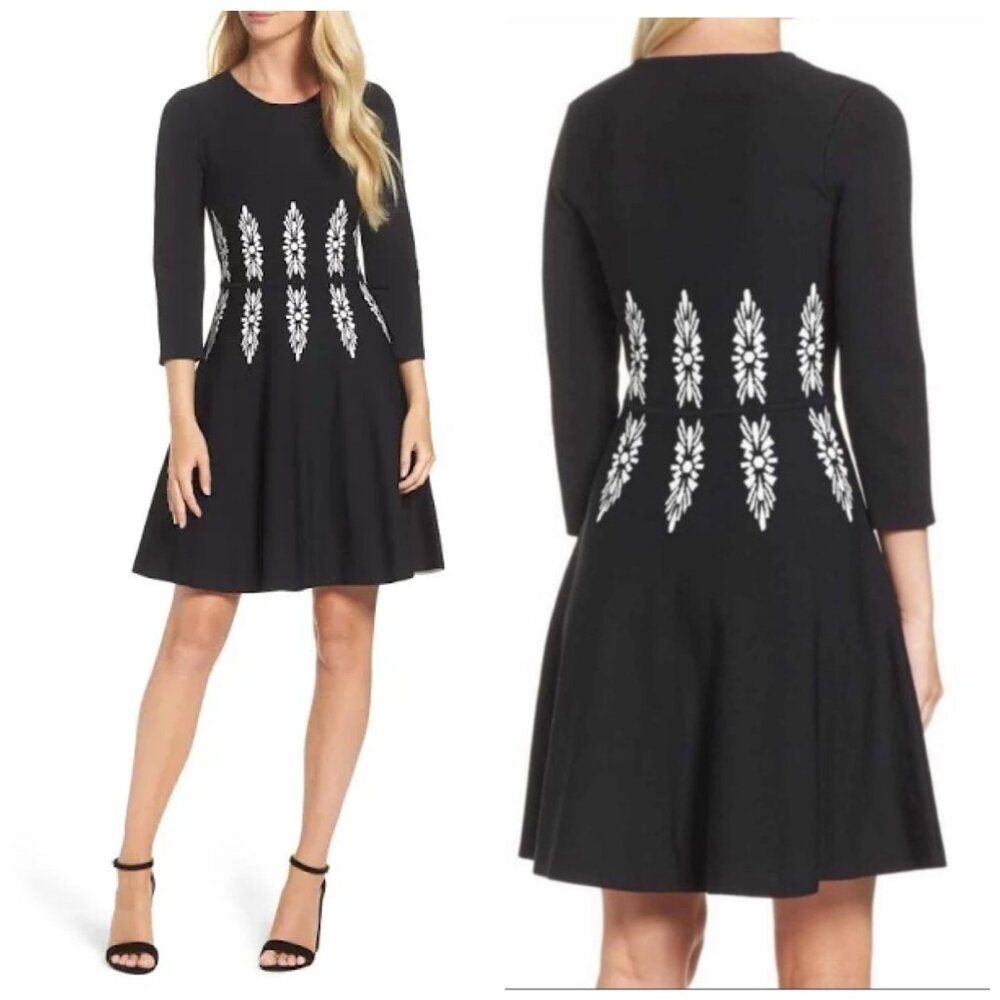 Eliza J Fit and Flare Black & White Sweater Dress Geometric Print on Waist Size